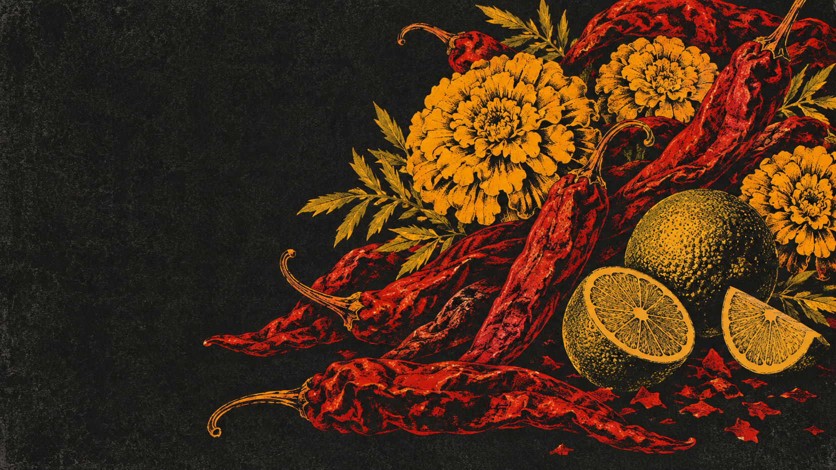 Illustrative folk-art still life of chiles, marigolds, and limes on charcoal