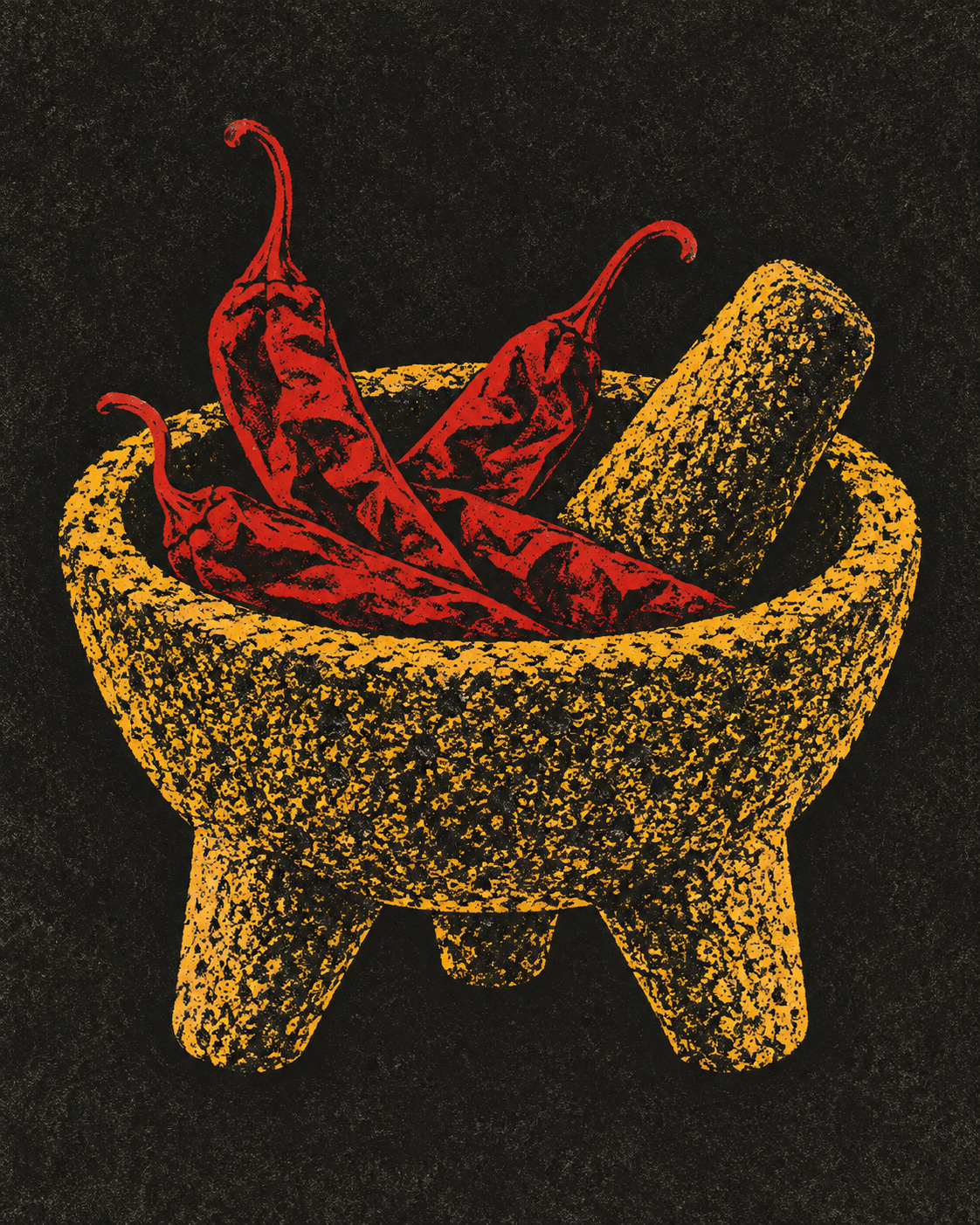Illustrative folk-art molcajete mortar with chiles on charcoal